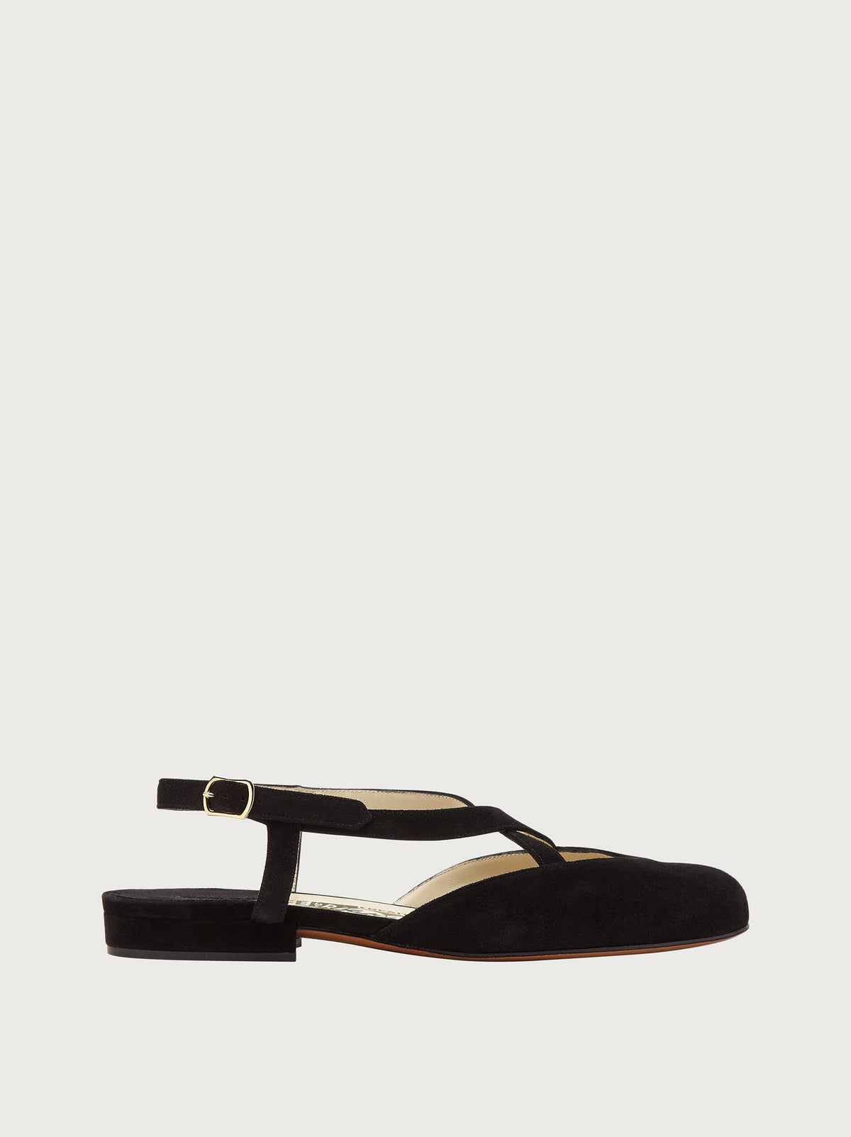 Black suede Oxalia sandal with crossover straps, side view by Salvatore Ferragamo