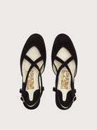Black suede Oxalia sandal showing open-toe design, top view by Salvatore Ferragamo