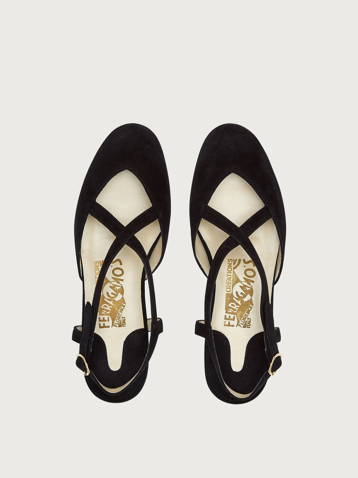 Black suede Oxalia sandal showing open-toe design, top view by Salvatore Ferragamo