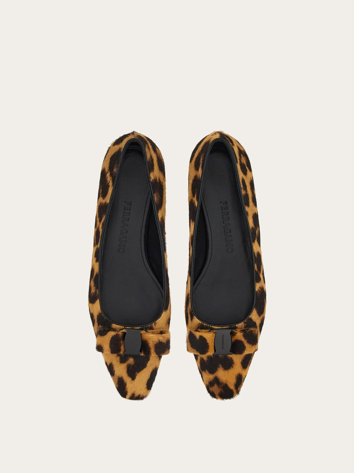Leopard-print Salvatore Ferragamo Siwar ballet flat, top view showing pointed toe