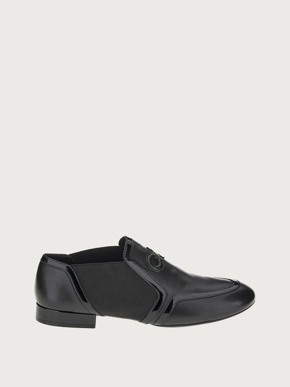 Black Salvatore Ferragamo Jayda leather loafer with patent trim, side view