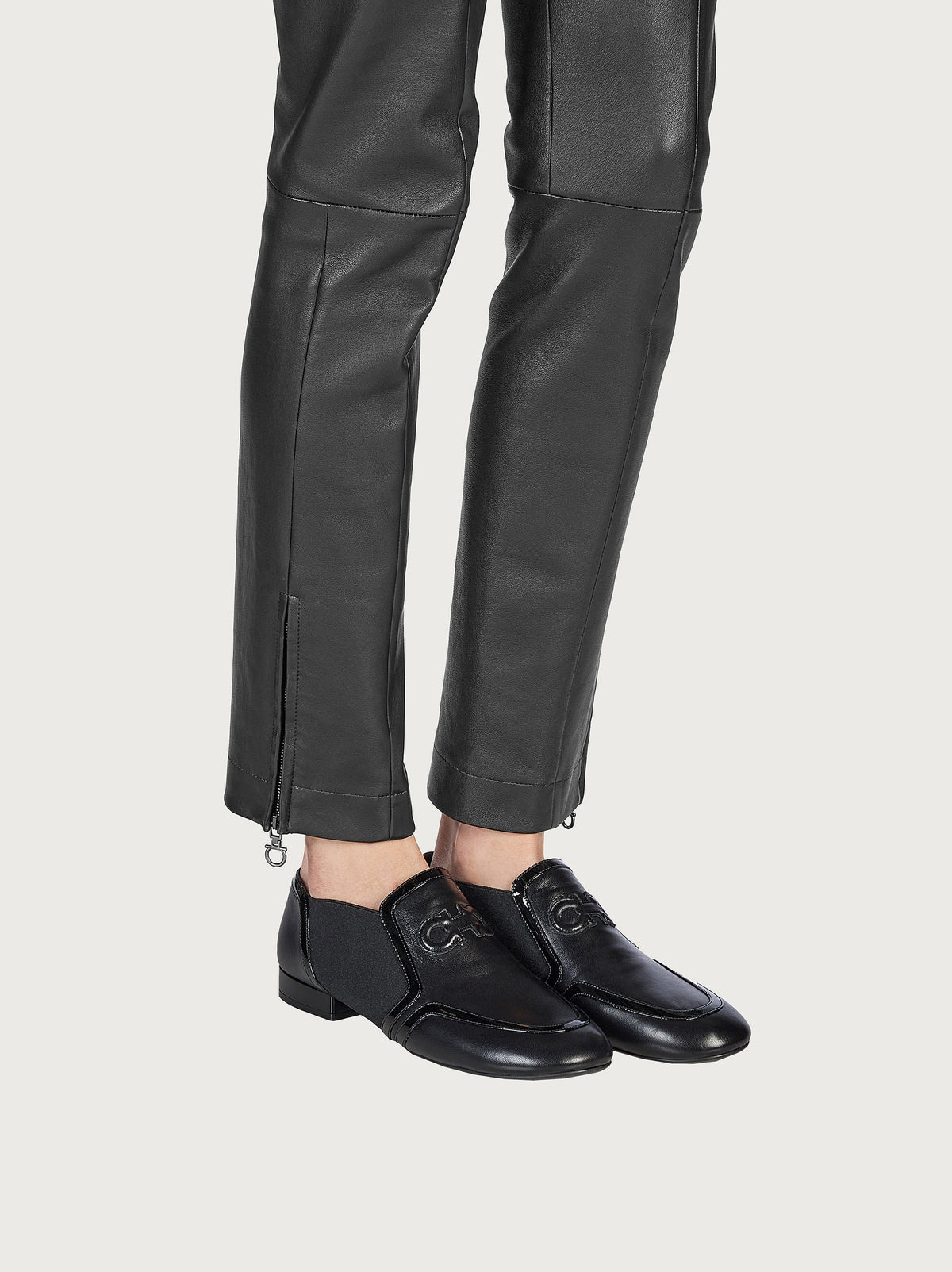 Black Salvatore Ferragamo Jayda loafer showing elastic side gusset detail