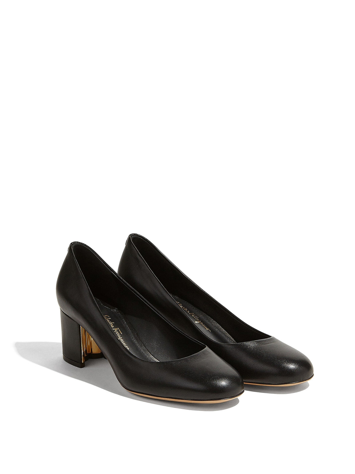 Black leather Medolla pump with gold-tone block heel by Salvatore Ferragamo, side view