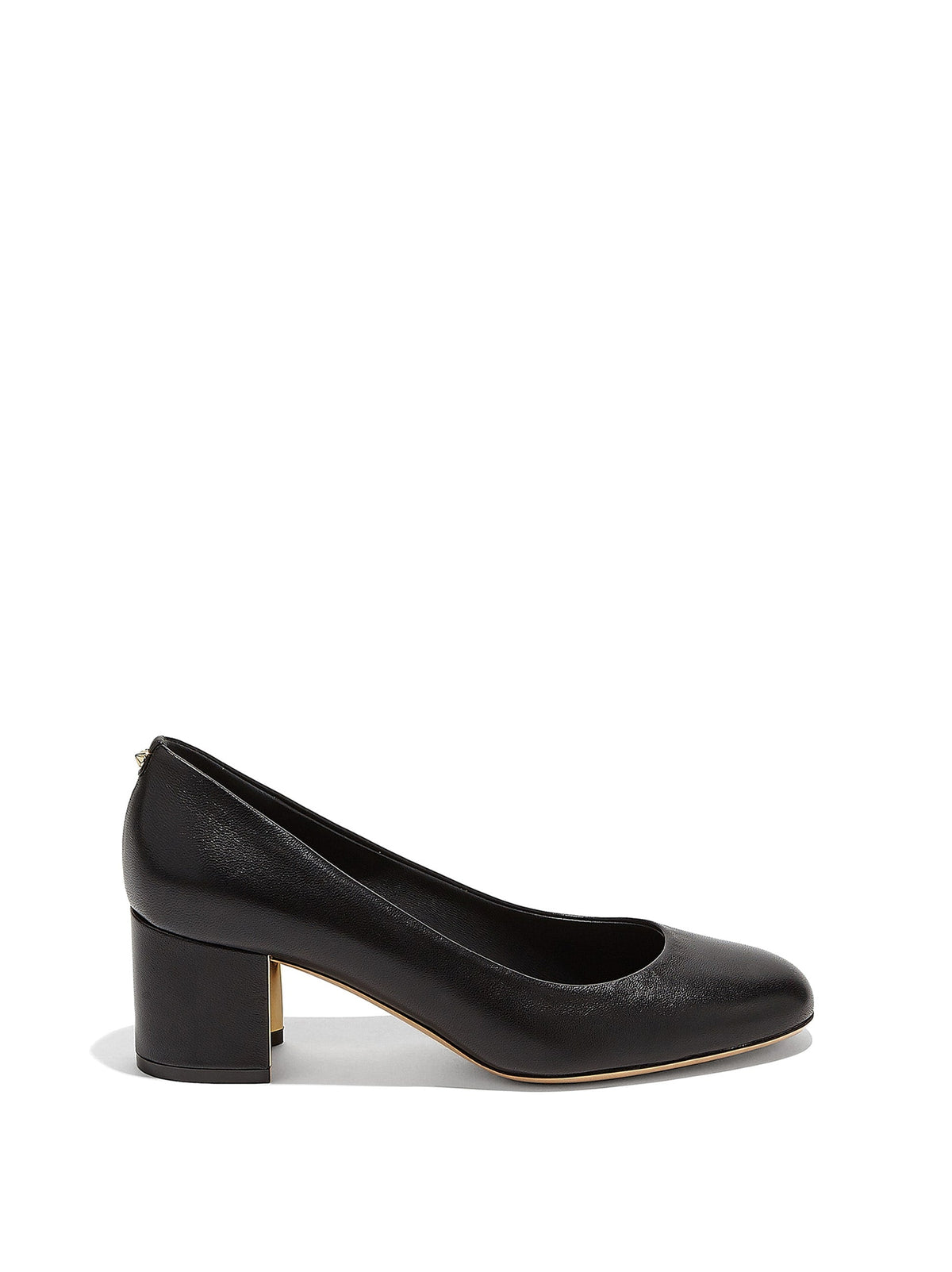 Black Salvatore Ferragamo Medolla pump showing round toe and leather upper, front angle