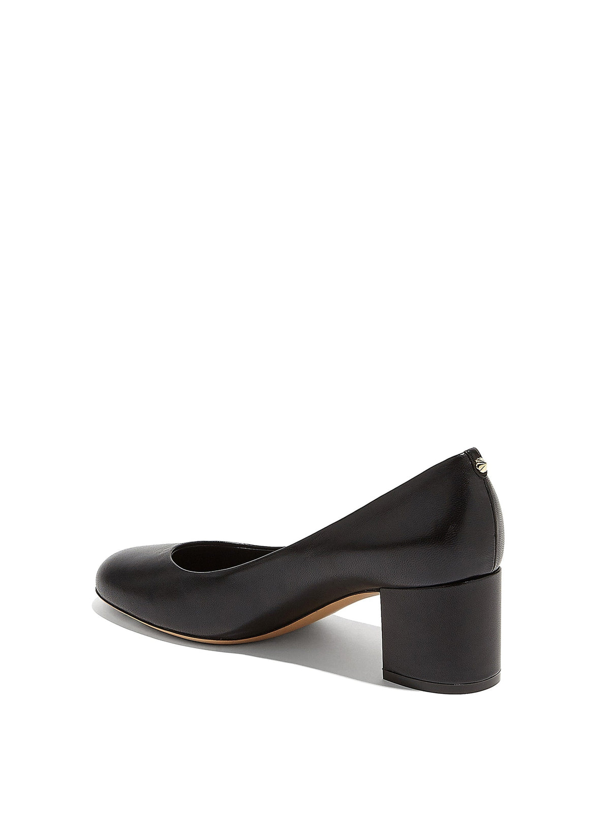 Salvatore Ferragamo Medolla pump in black leather, rear view showing fluted gold-tone heel