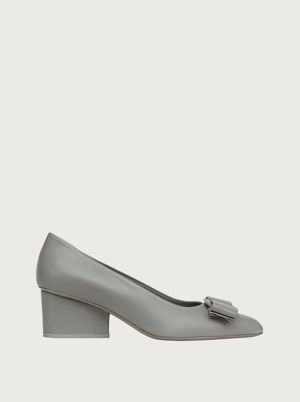 Light grey leather pointed-toe pump with bow detail, side view by Salvatore Ferragamo