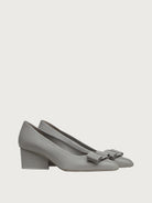 Light grey Salvatore Ferragamo block heel pump, front three-quarter view