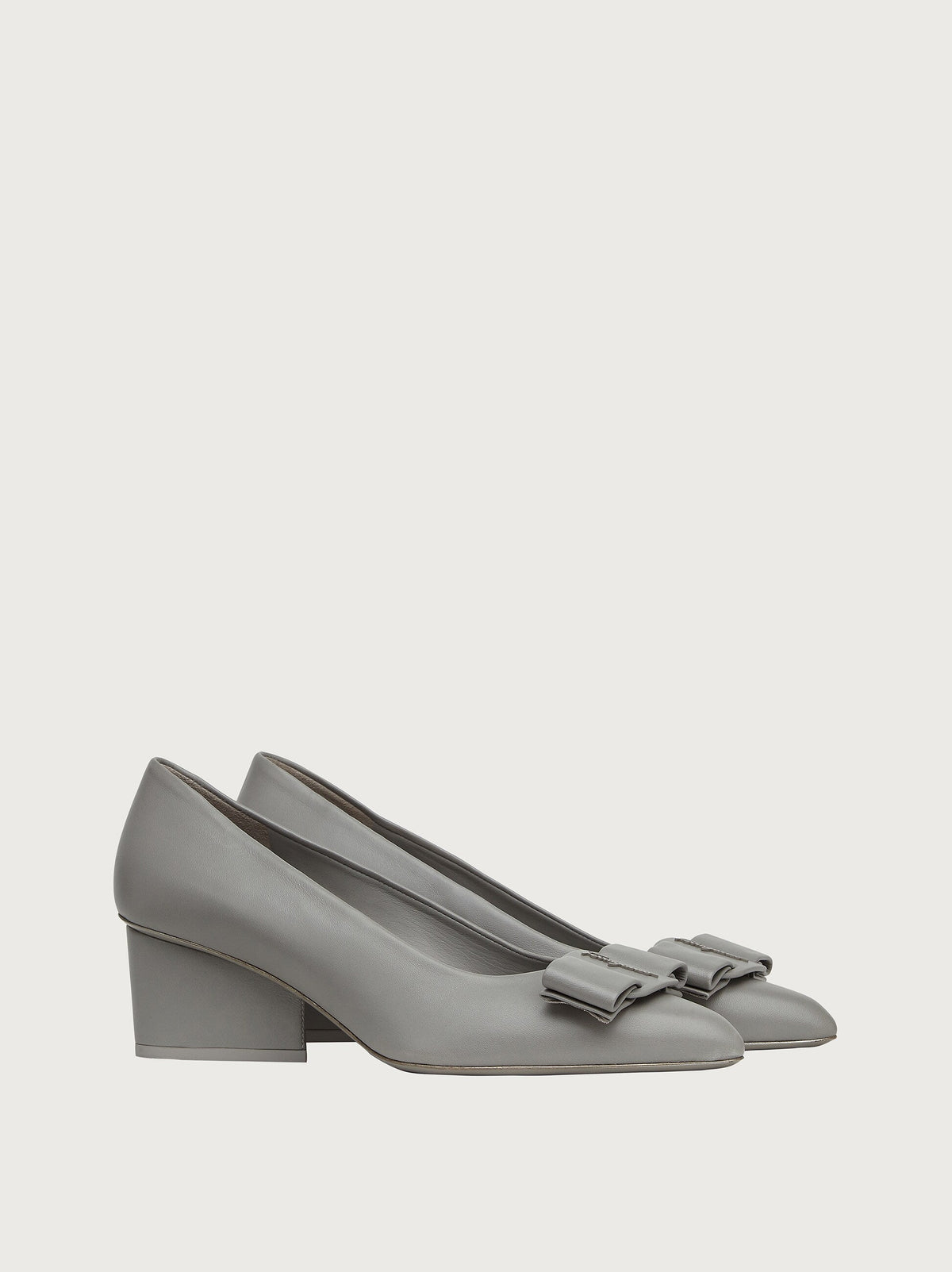 Light grey Salvatore Ferragamo block heel pump, front three-quarter view