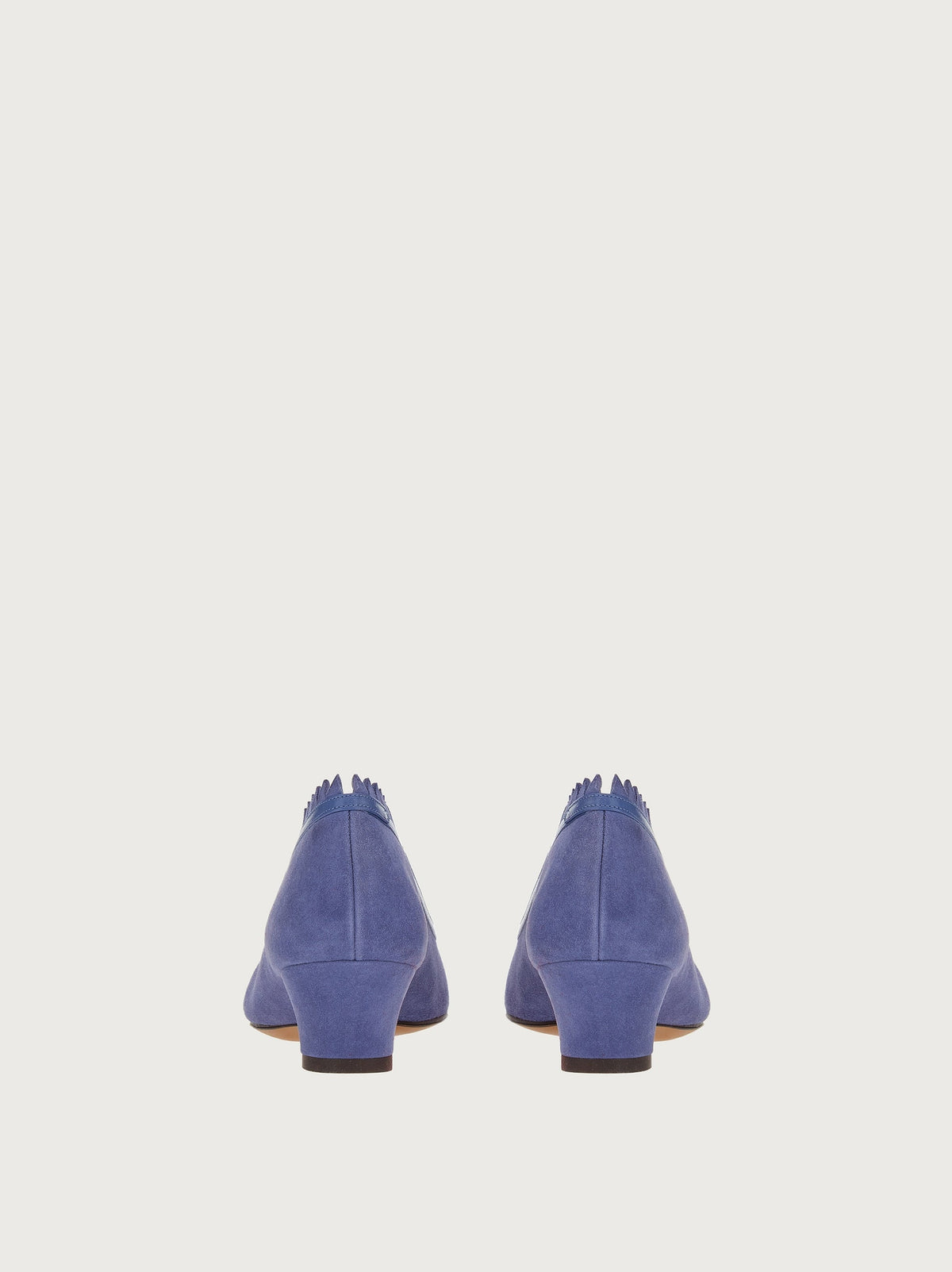 Bluette suede ballet flat by Salvatore Ferragamo, top view showing scalloped trim