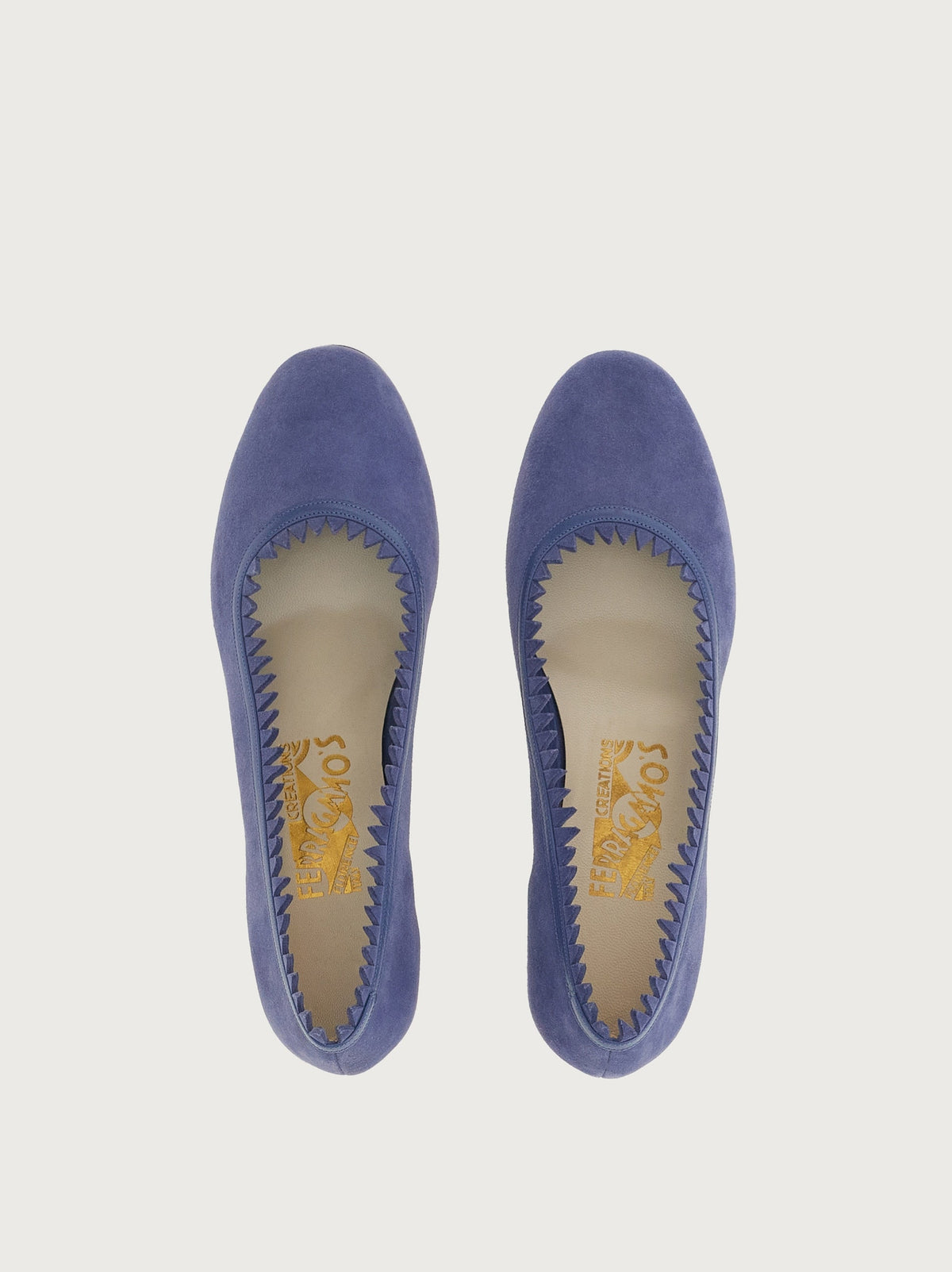 Bluette suede ballet flat by Salvatore Ferragamo, rear view with block heel