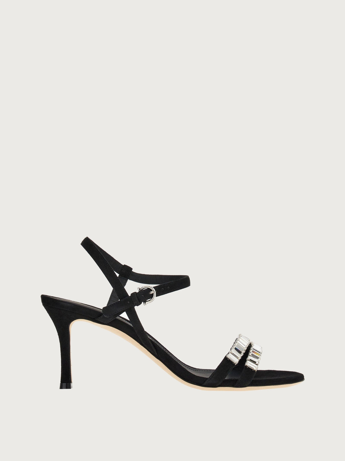 Black suede Salvatore Ferragamo Idwige sandal with crystal strap, side view