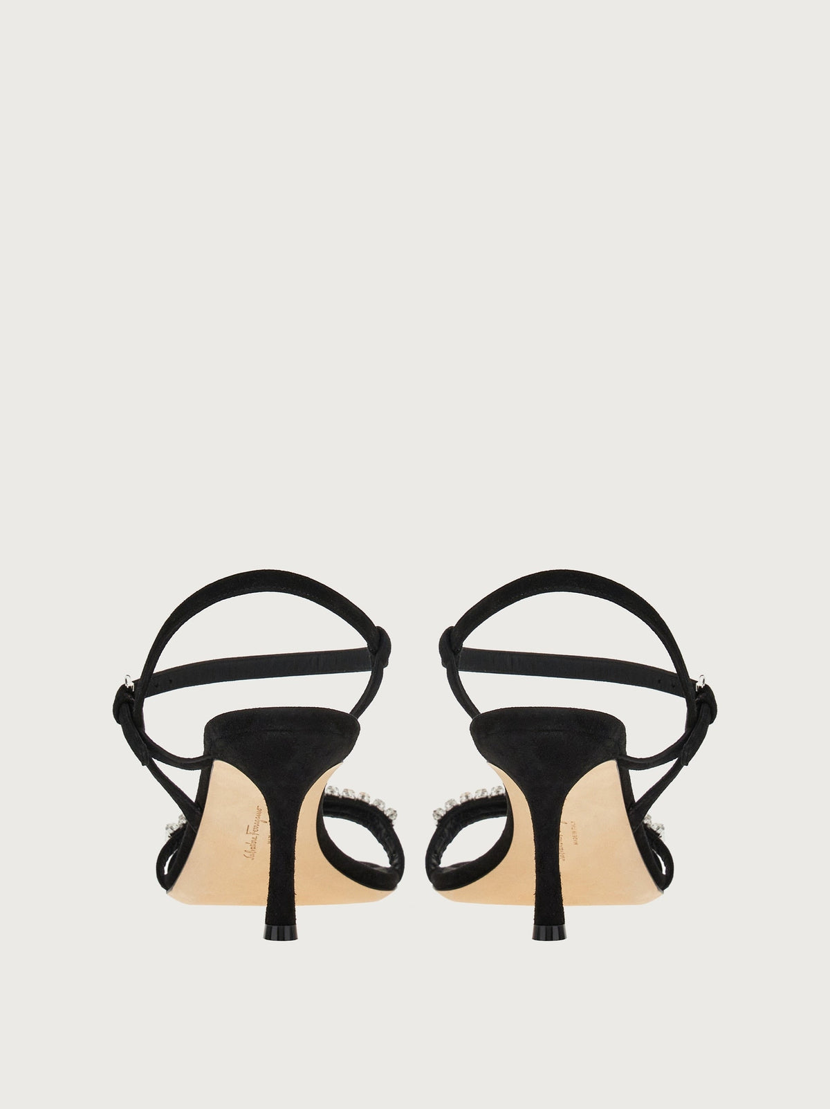 Black suede Salvatore Ferragamo Idwige sandal, rear view with buckle closure
