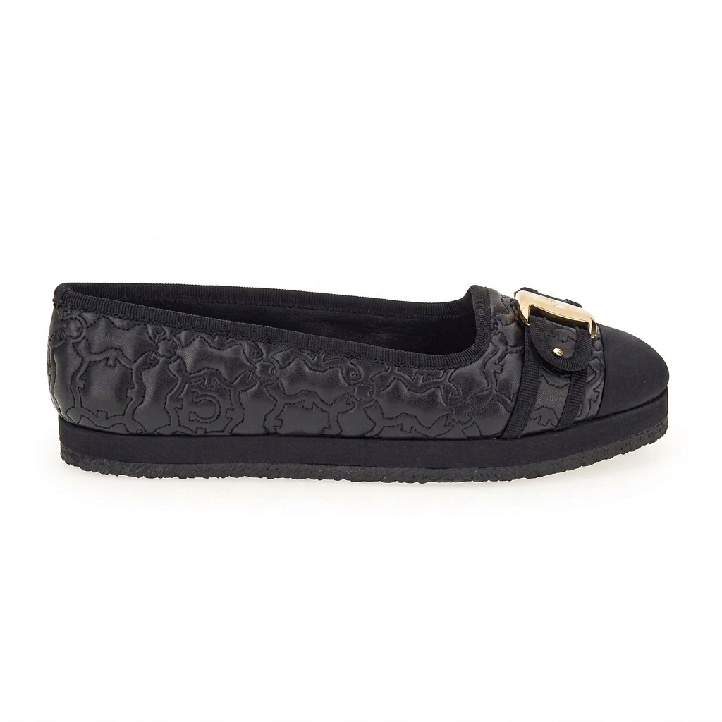 Black Salvatore Ferragamo Kacy P Gal ballet flat, front view with dual buckle straps