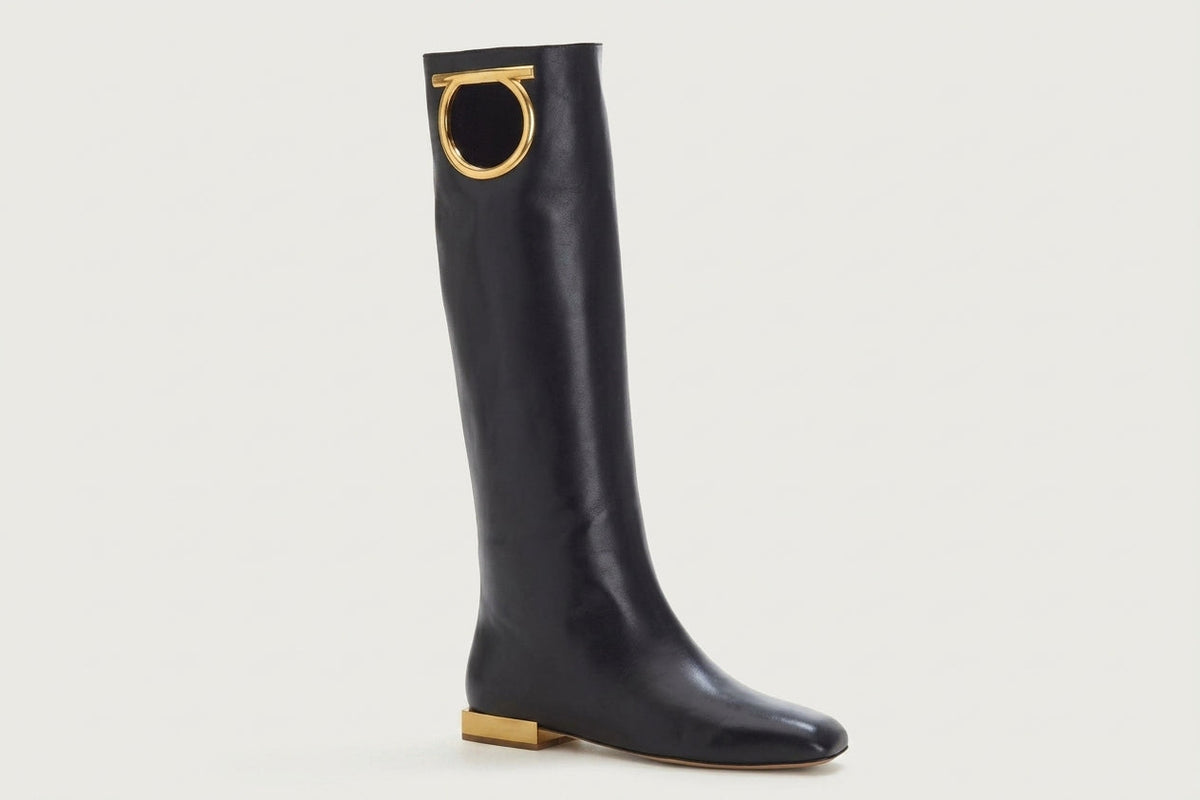 Black leather Salvatore Ferragamo Avio 10 boot with gold-tone block heel, back view