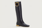 Black leather Salvatore Ferragamo Avio 10 boot with gold-tone block heel, back view