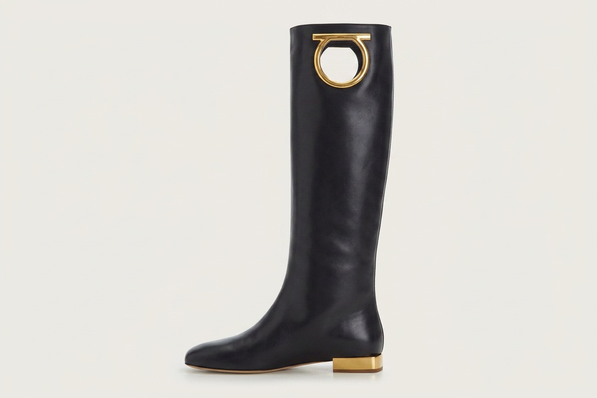 Black leather Salvatore Ferragamo Avio 10 knee-high boot, front view