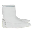 White Salvatore Ferragamo bootie with low block heel, back view