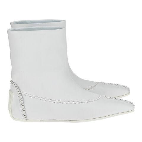 White Salvatore Ferragamo bootie with low block heel, back view