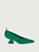 Bright green leather pump with asymmetric heel by Salvatore Ferragamo, side view