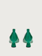 Bright green leather Ferragamo pump showing sculpted heel detail, rear view