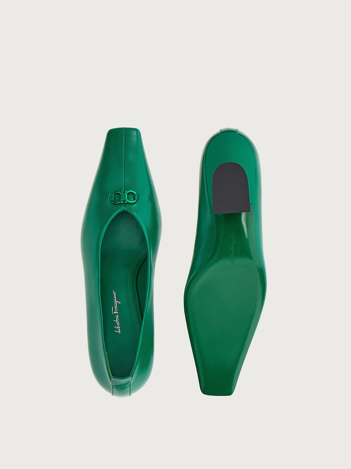 Salvatore Ferragamo asymmetric heel pump in bright green, sole view