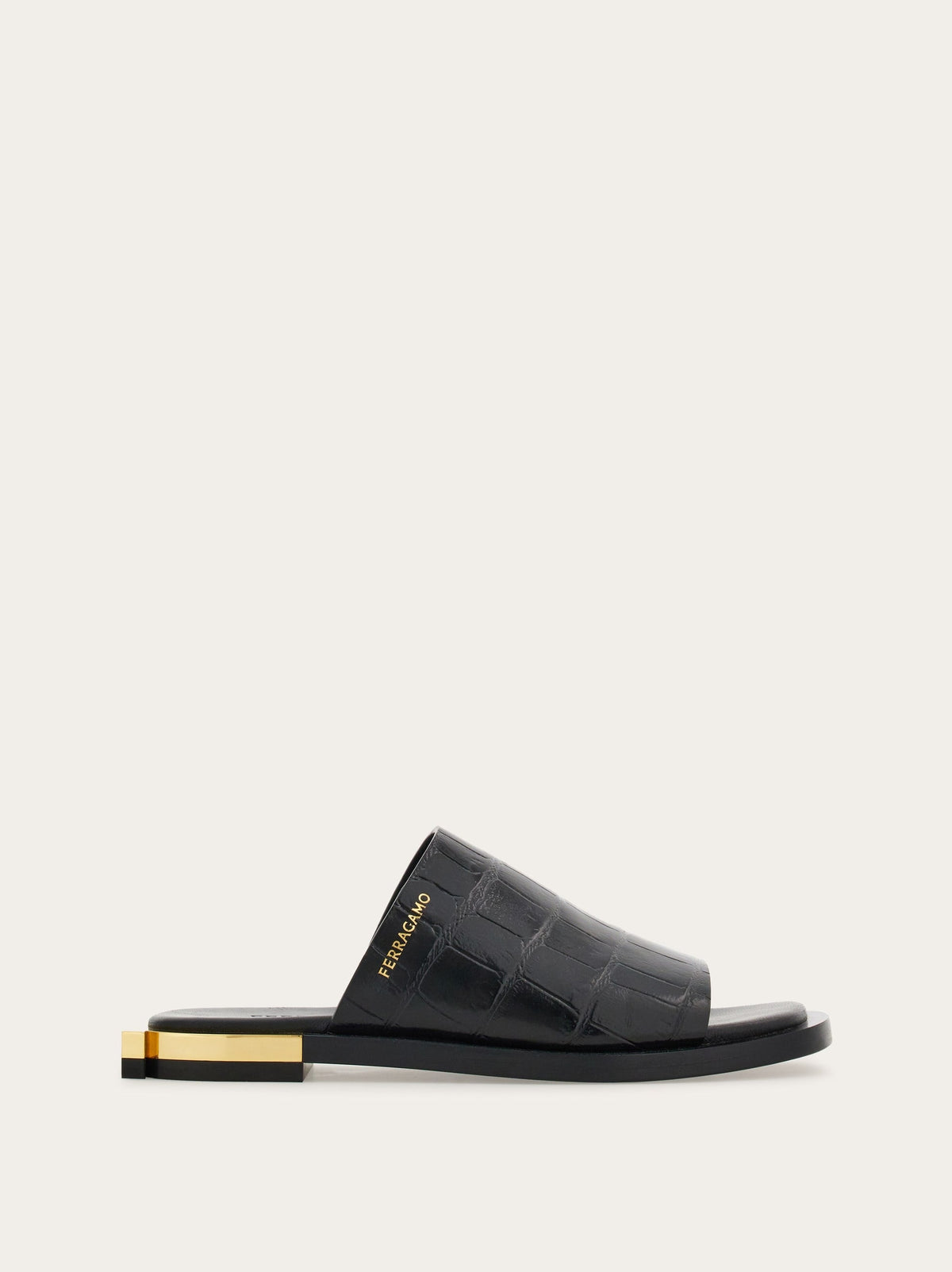 Black Salvatore Ferragamo Gancini calfskin slide sandals, side view