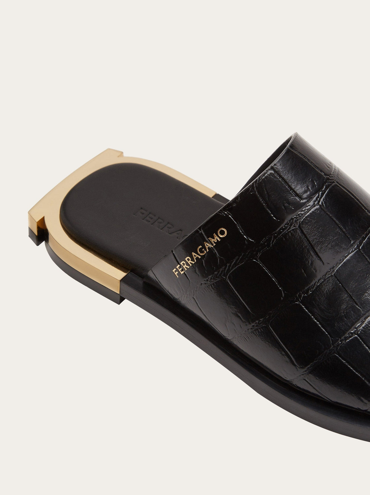 Black calfskin Salvatore Ferragamo slide sandals, sole view