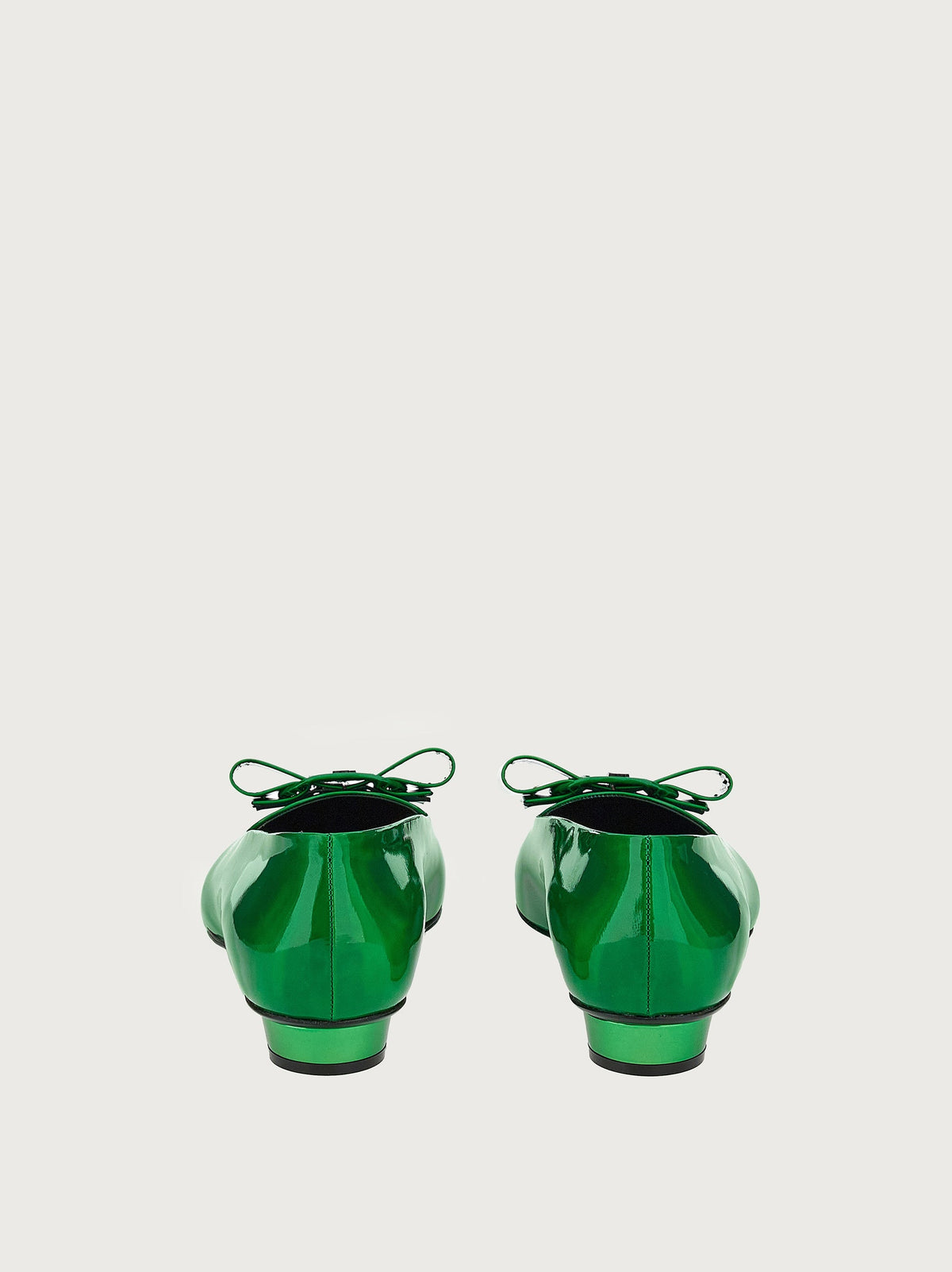 Salvatore Ferragamo green patent leather ballet flat, top view showing bow detail