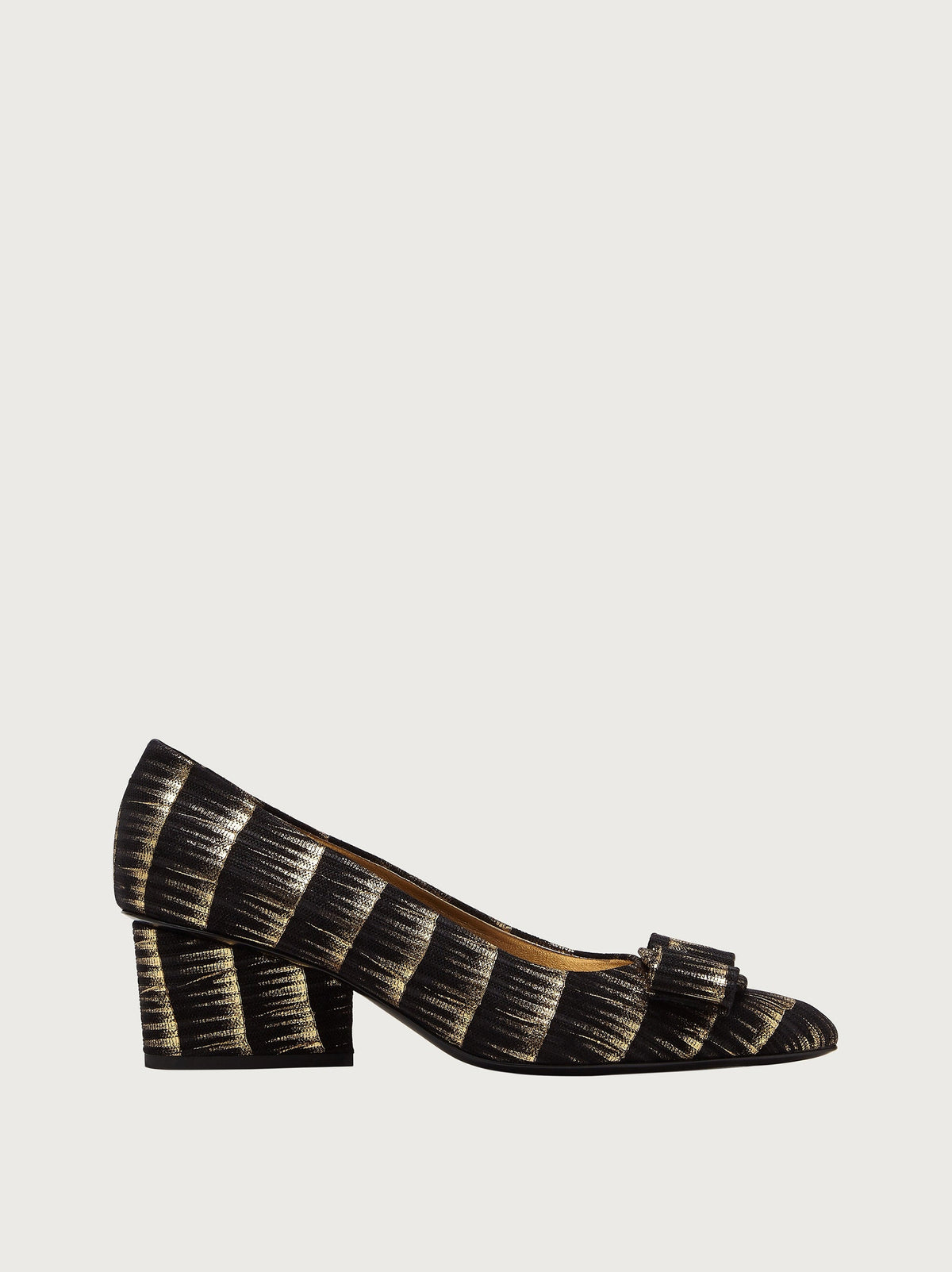 Black and gold striped jacquard pump with bow accent by Salvatore Ferragamo, side view
