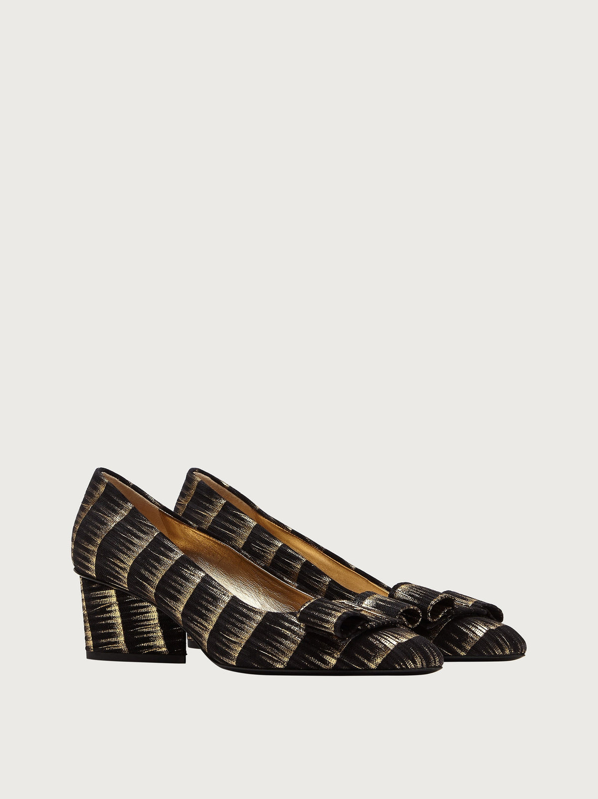 Black and gold Salvatore Ferragamo jacquard pump with pointed toe, front view
