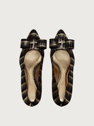 Black and gold jacquard pump by Salvatore Ferragamo, top view showing bow detail