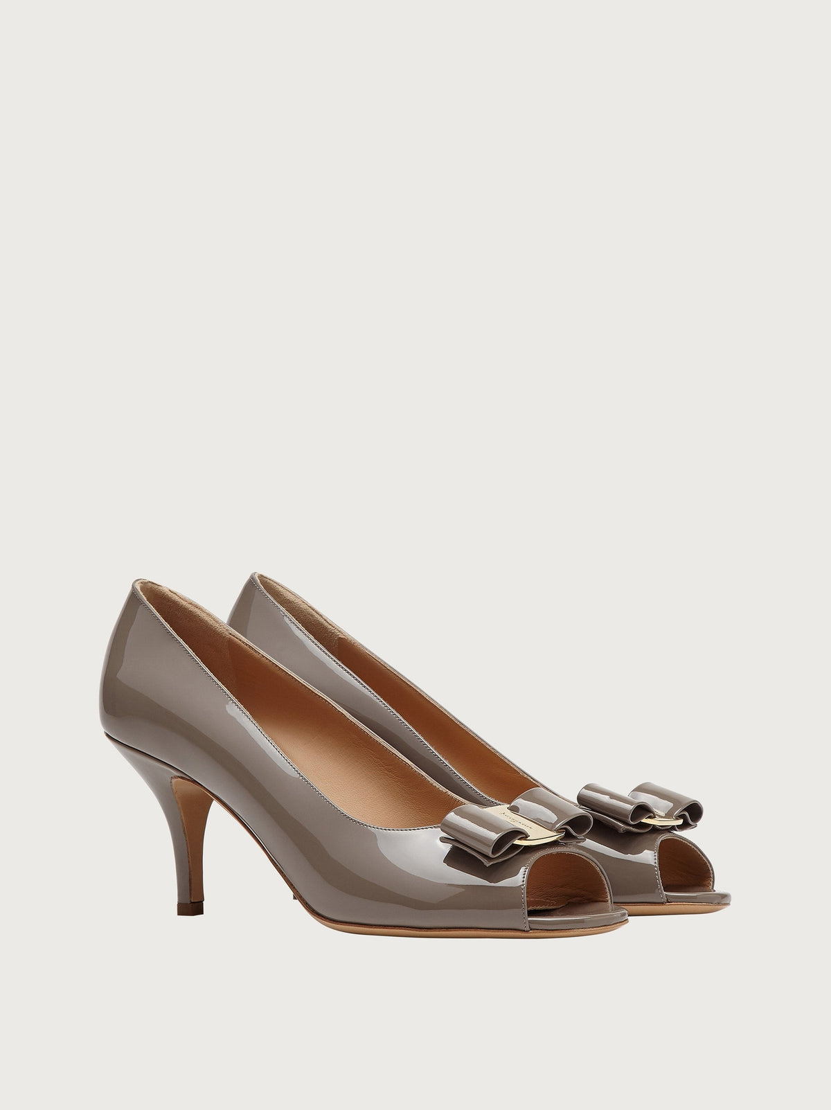 Taupe-grey Salvatore Ferragamo patent leather pump, front view