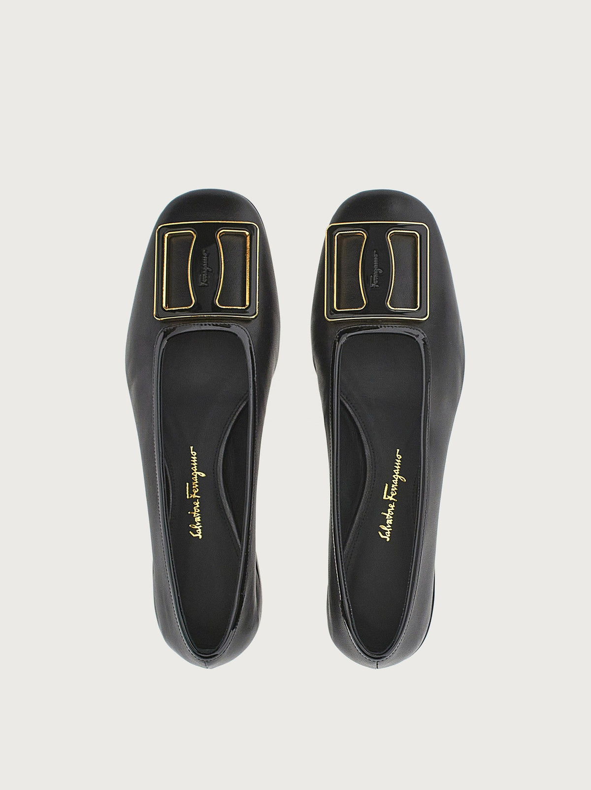 Black Salvatore Ferragamo Myrna ballet flat with square toe, front view