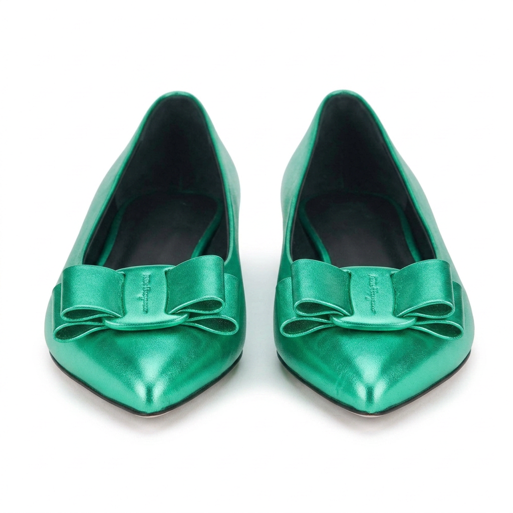 Saturated metallic green leather ballet flat with bow detail by Salvatore Ferragamo, side view
