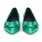Saturated metallic green leather ballet flat with bow detail by Salvatore Ferragamo, side view