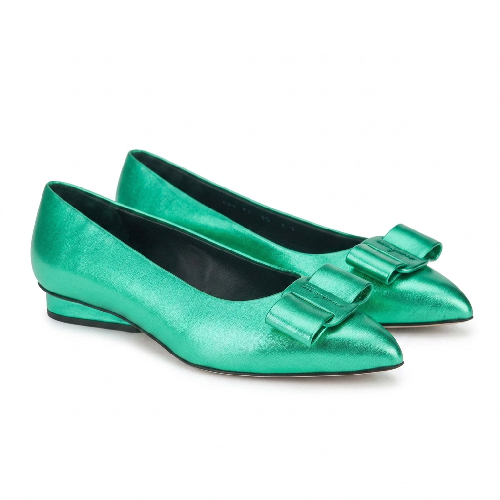 Metallic green Salvatore Ferragamo ballet flat with pointed toe, top view