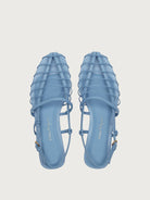 Light blue flat sandal by Salvatore Ferragamo, rear view with ankle strap