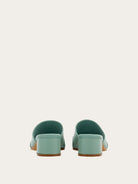 Light olive green Salvatore Ferragamo Vara Plate slides, top view showing open toe