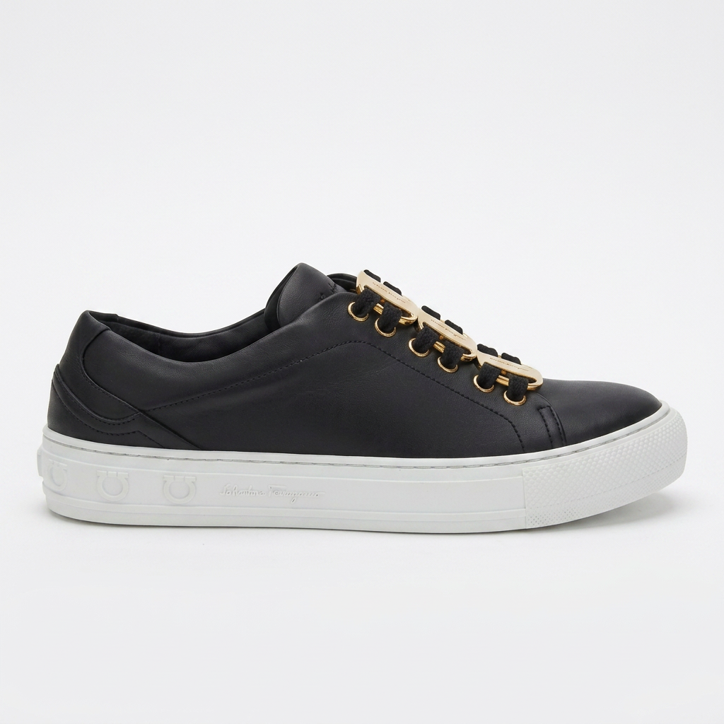 Black Salvatore Ferragamo Nadine leather sneakers, sole detail with raised logo