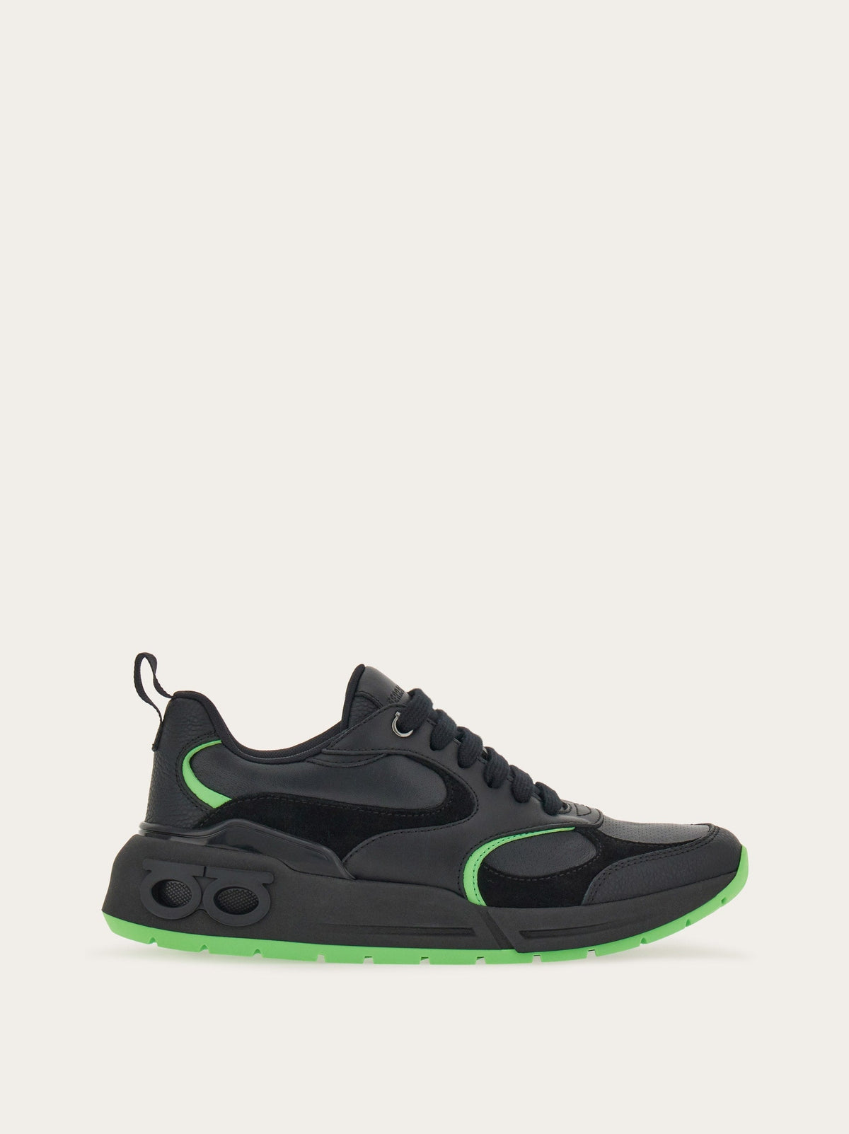 Black Salvatore Ferragamo Cosimina leather sneaker with suede panels, side view
