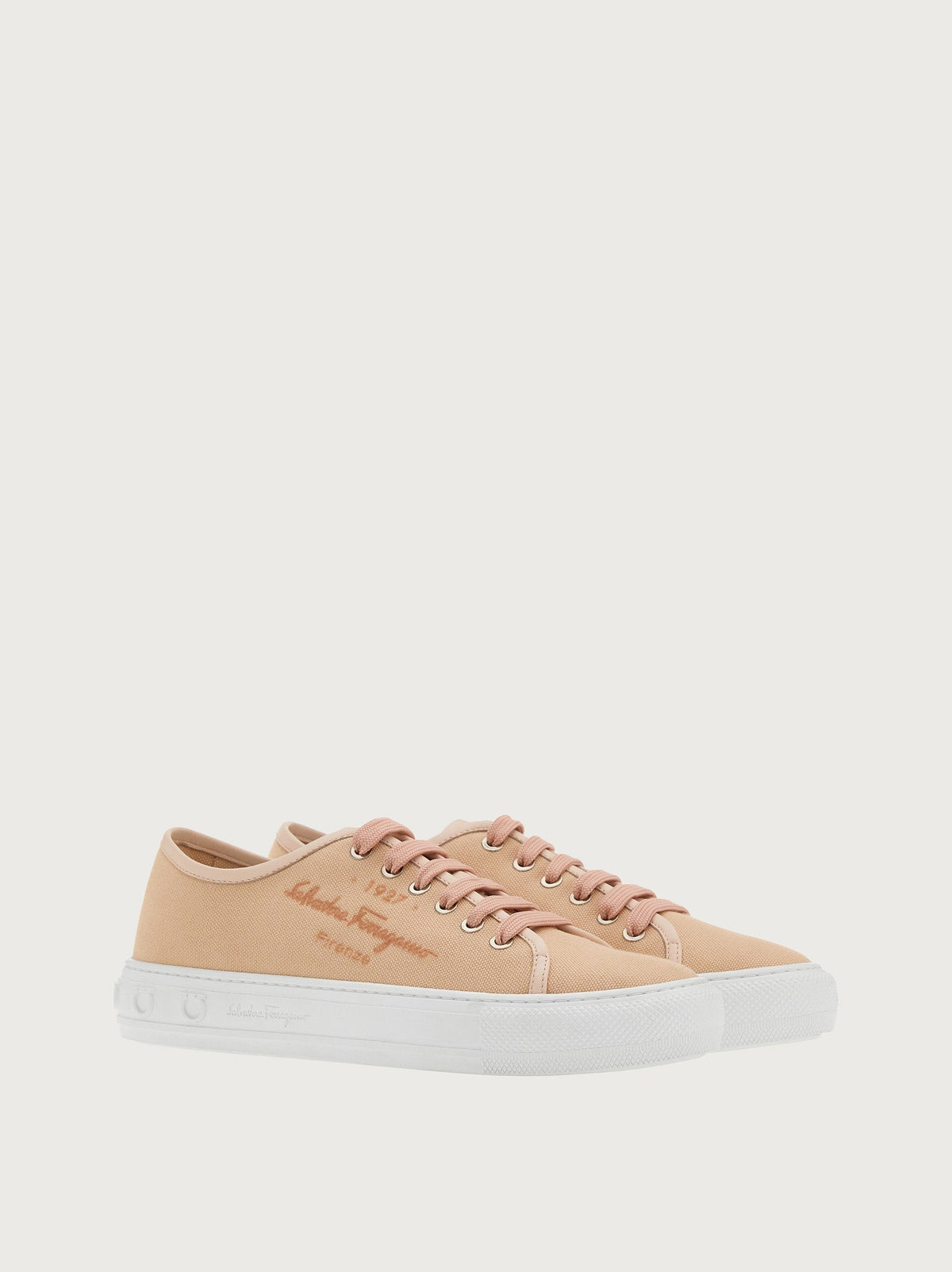 Salvatore Ferragamo Mediterr Eco sneaker top view showing tonal logo script