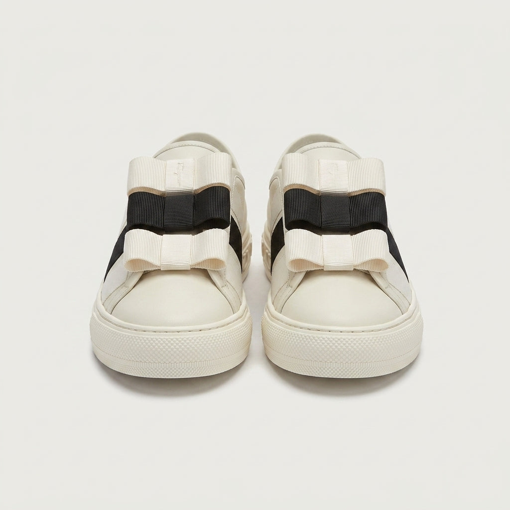 White Salvatore Ferragamo Nataly sneakers with grosgrain Vara bows, side view
