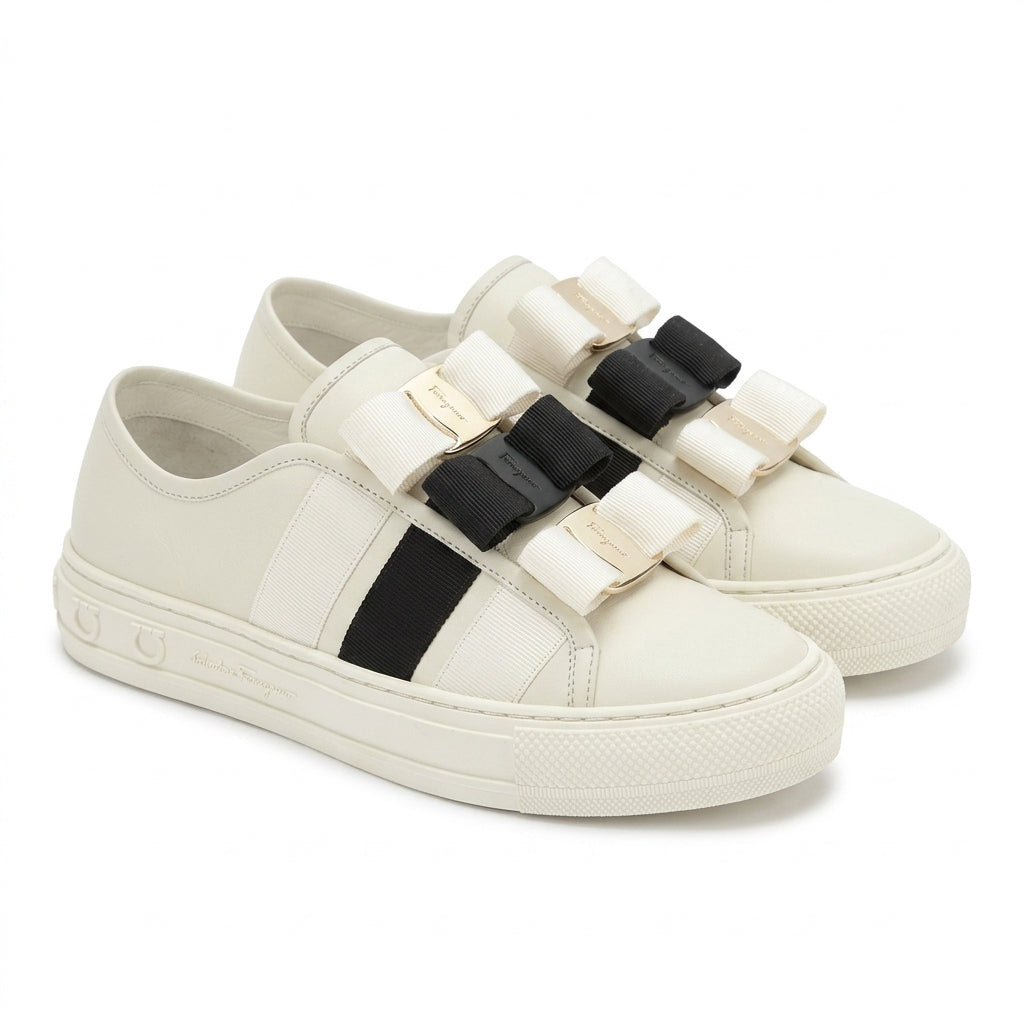 White Salvatore Ferragamo Nataly sneakers with Vara bow detail, front view