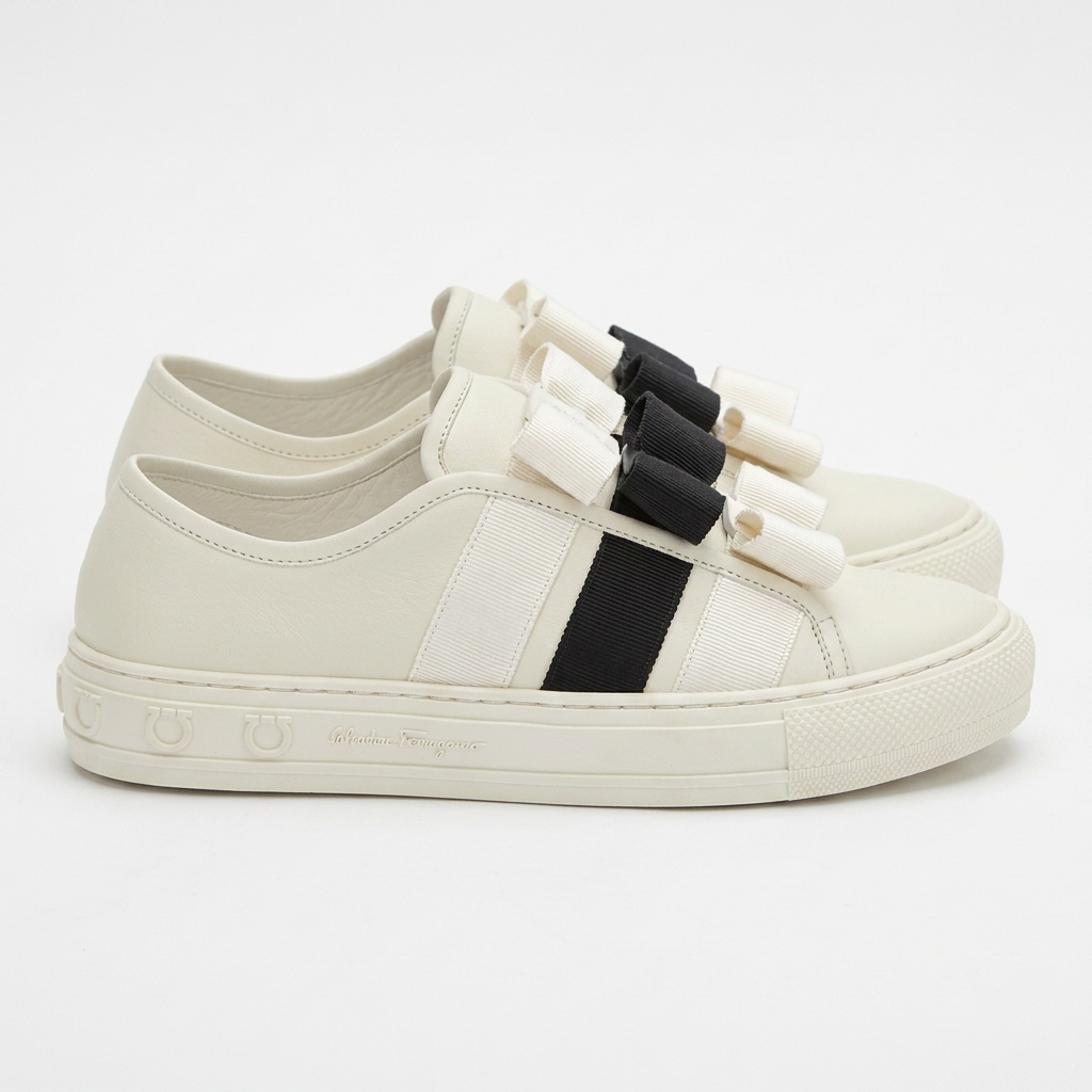 White Salvatore Ferragamo Nataly sneakers showing rubber sole tread