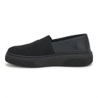 Salvatore Ferragamo black canvas slip-on sneaker showing wide strap detail, top view