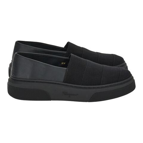 Black Cassiopea sneaker by Salvatore Ferragamo with rubber sole, rear view