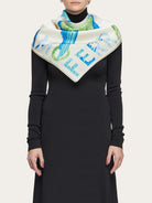 Cream Ferragamo scarf with tropical parrot motif, corner detail view