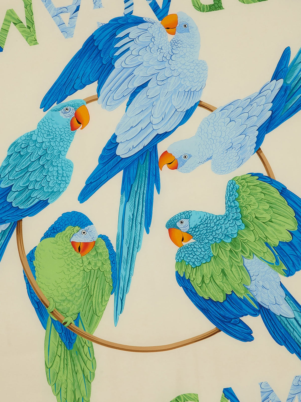 Salvatore Ferragamo 90x90 scarf showing blue and green parrot print composition