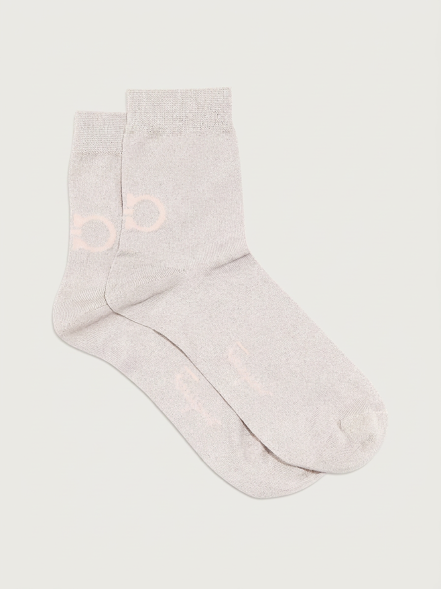 Light blush pink Salvatore Ferragamo crew sock with Gancini logo, front view