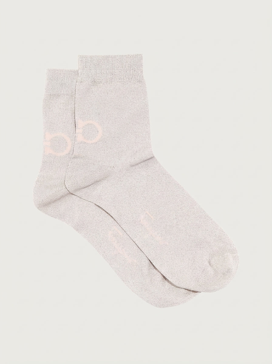 Light blush pink Salvatore Ferragamo crew sock showing Gancini motif detail